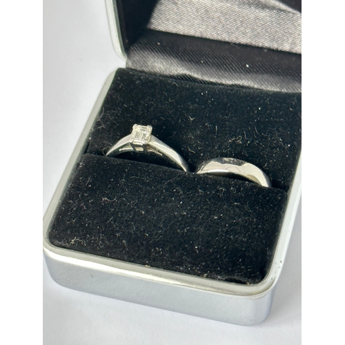 514 - Platinum diamond solitaire wedding set, size K / L , 0.4 carat baguette diamond, fully hallmarked in... 