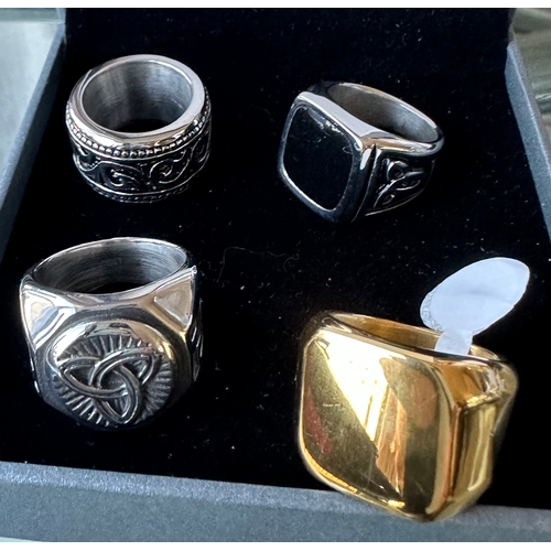 583 - four Chunky mens / unisex stainless steel rings sizes N to R including two signet rings