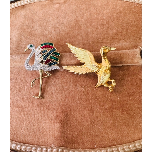 593 - Wallace Simpson replica flamingo diamante brooch and another bird brooch ( signed ? replica ? )