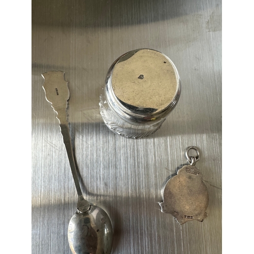 596 - small collection of silver items including a small hunting / religious cup, spoon and key fob