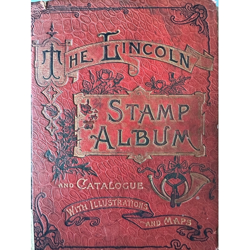 646 - LINCOLN stamp album (1916 handwritten inside)   inc GB QV penny reds and 2d blue, commonwealth inc Q... 