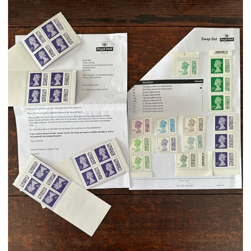 93 - UK GB Royal Mail stamps and booklets from Swap Out scheme, mint useable barcoded from 2p to £5, firs... 