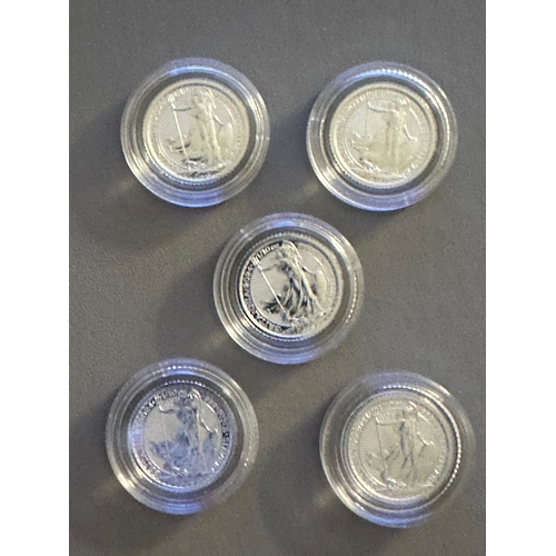 701 - Five silver Britannia coins, KCIII 2024 0.999 fineness, encapsulated. Royal Mint