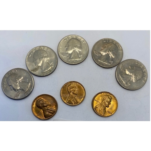 37 - US coins 1965, 5 quarter dollars and 3 x 1 cents