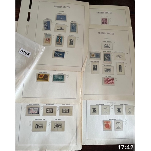 104 - USA stamps 1909 to 1965, over 250 American Stamps on US Stamp Album loose pages ( no actual album th... 