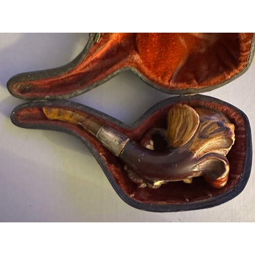 129 - Antique Meerschaum tobacco pipe in original burgundy velvet lined leather case, damage to pipe, silv... 