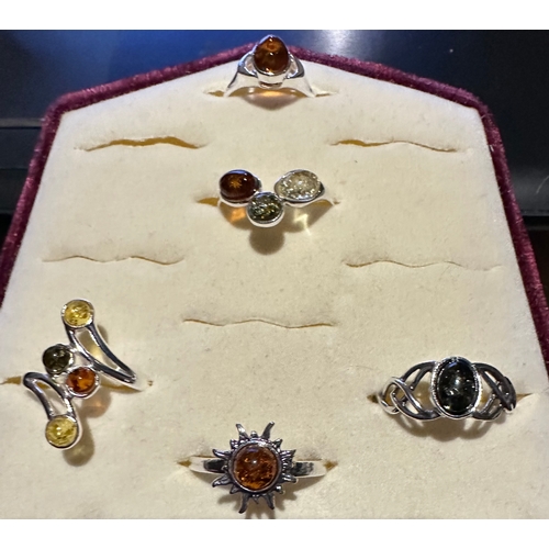 739 - Collection of 5 Baltic amber 925 silver rings sizes P, S, T(2) & U (top to bottom) unworn