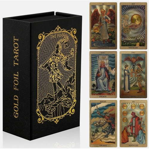 744 - Gold foil Tarot cards set of 78 with guide book and nice holder / box, unused - cards still sealed i... 