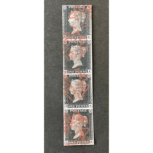 302 - UK GB QV 1840 Penny black stamps vertical strip of 4 with red Maltese Cross cancels FORGERY / REPLIC... 