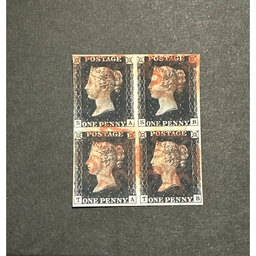 408 - GB QV block of 4 penny black stamps with red Maltese crosses, SG1, FORGERY / COPIES / REPLICA a/f