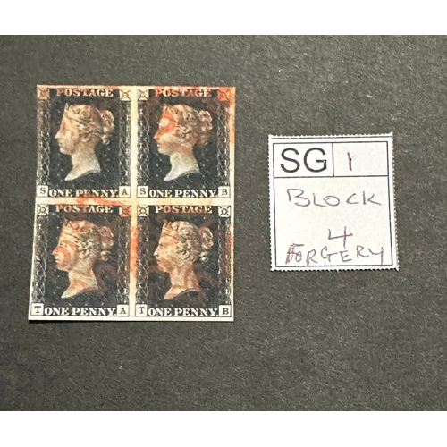 408 - GB QV block of 4 penny black stamps with red Maltese crosses, SG1, FORGERY / COPIES / REPLICA a/f