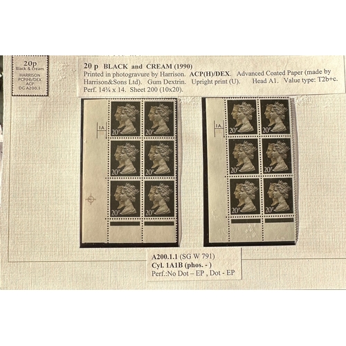 449 - 10 Machin definitive Double Heads cylinder blocks on album sheets, GB QEII, photogravure by Harrison... 