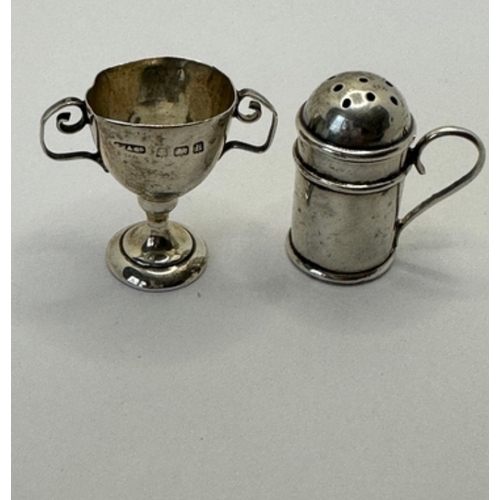 507 - Hallmarked antique miniature silver trophy 1907 and 1904 Birmingham miniature sugar caster (approx. ... 