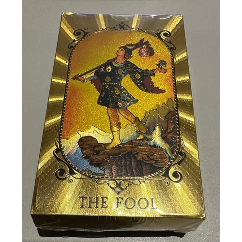 619 - Gold Foil Tarot cards in cellophane, unopened with guidebook, 7cm x 12cm, waterproof and bendable ma... 