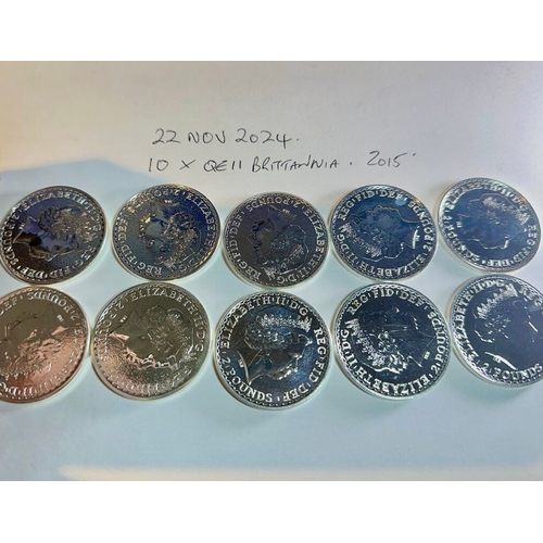 699 - 10 x 1oz 2015 GB QEII silver Britannia coins fineness 0.999 by Royal Mint, uncirculate. PLEASE CONTA... 