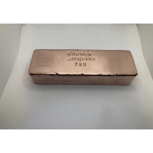 269 - 2kg hand cast, sanded and stamped copper ingot bar