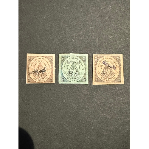 338 - HONDURAS 1877 stamps (3), assumed forgeries however the one on the left is expertised. High cat valu... 