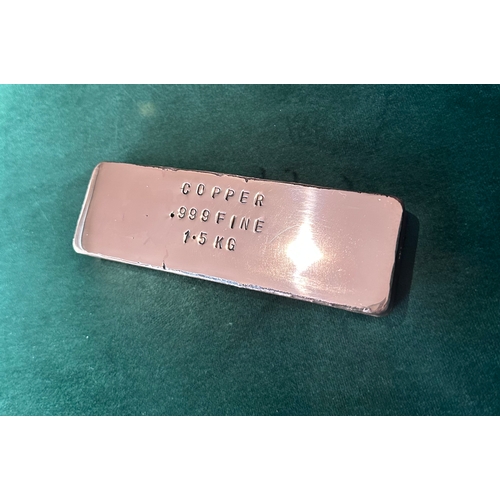 352 - 1.5kg Copper ingot bar (bullion) with polished face, hand poured, sanded and stamped