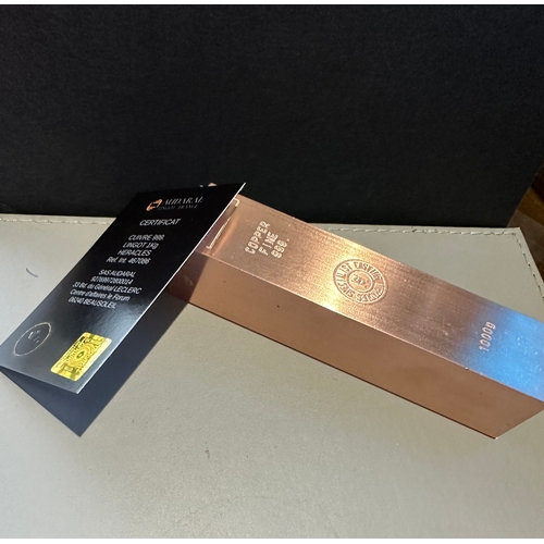 380 - 1k copper bullion bar (1000g) with certification