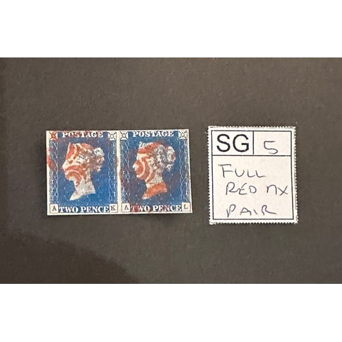 6 - GB QV 1840, pair of 4-margin 2 penny blue FORGERY / COPY / REPLICA with red Maltese cross cancels a/... 