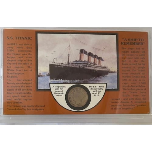 73 - 1912 antique US V cents used liberty coin, NICKEL IN S.S. Titanic commemorative protective case