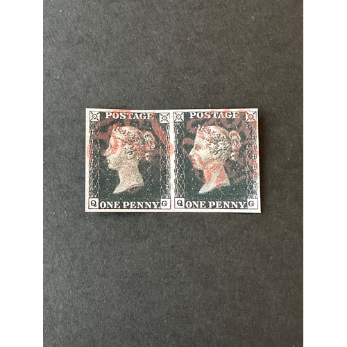 100 - Pair of 1 Penny Black stamps, GB QV 1840 with red Maltese Cross cancels and repeated check letters, ... 