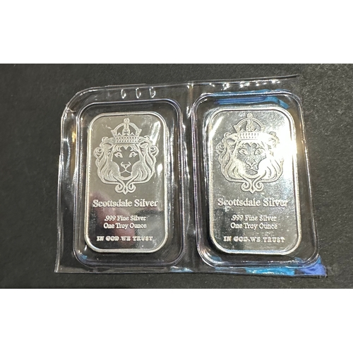 114 - Two silver bullion bars by Scottsdale, 0.999 fineness