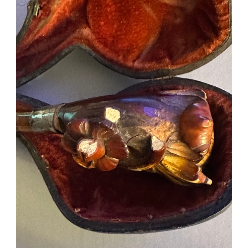 129 - Antique Meerschaum tobacco pipe in original burgundy velvet lined leather case, damage to pipe, silv... 