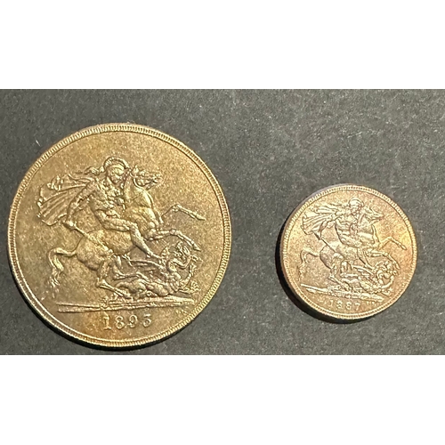 395 - Gold plated 1893 QV sovereign coin and gold plated 1887 Victorian half sovereign coin