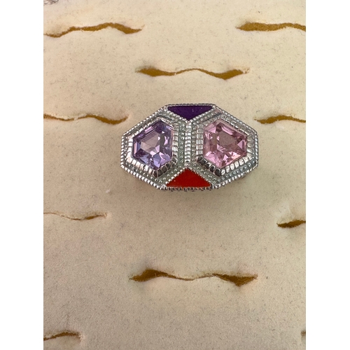 446 - Silver pink and lilac CZ enamel ring, size O, stamped 925, unworn