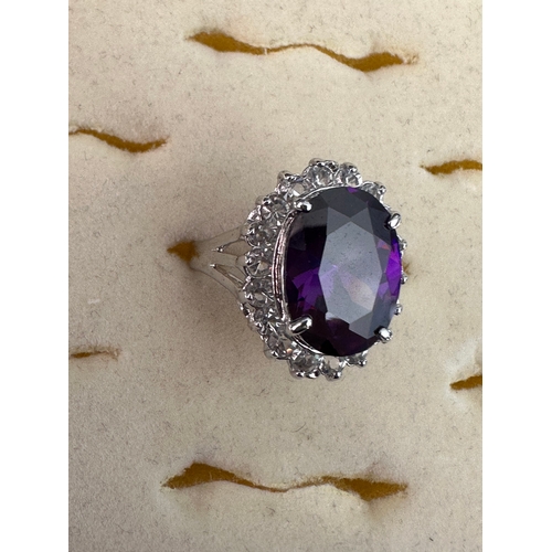 456 - Silver purple CZ dress ring, size O, stamped SILVER