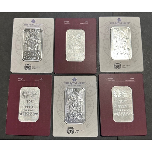 473 - 6 x Silver Bullion bars by The Royal Mint and Germania Mint, Fine 999.9 in original packing / sealed