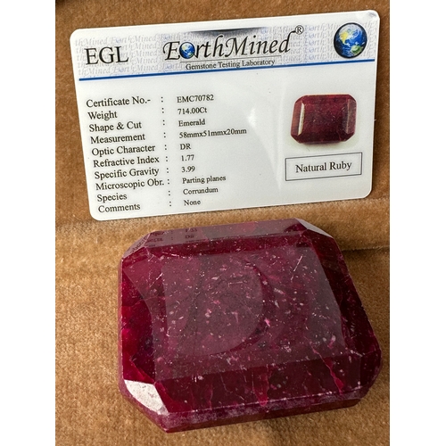 543 - Natural Ruby 714 Carat large gemstone with certificate