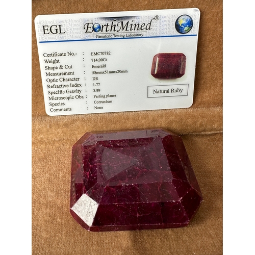 543 - Natural Ruby 714 Carat large gemstone with certificate