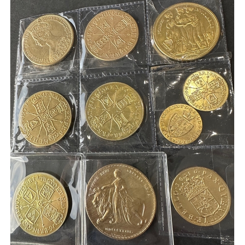 128 - gold plated replica GB coins (10) from Crommwell's Broad coin 1656 to 2020 inc Crown, five guinea, s... 