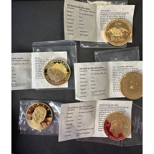 277 - 5 copper and 24k gold plated USA proof coins by  American mint inc presidents JFK and Trump, majorit... 