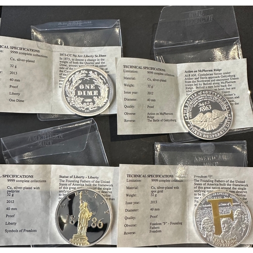 283 - 4 American Mint silver plated copper proof coins with COA's in plastic pouches