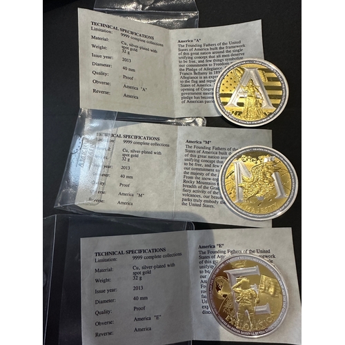 285 - 3 silver plated copper proof coins by American Mint with COAs and original plastic pouches