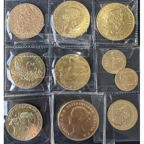 128 - gold plated replica GB coins (10) from Crommwell's Broad coin 1656 to 2020 inc Crown, five guinea, s... 