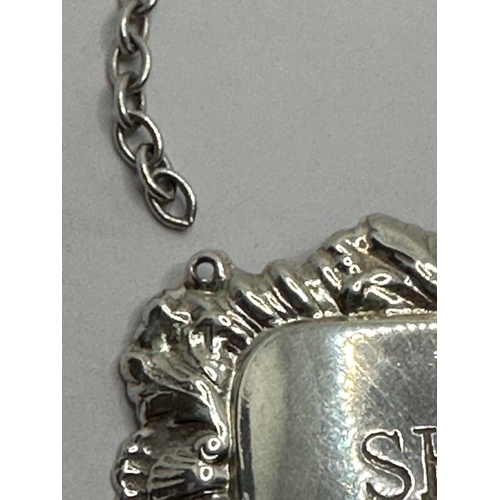 527 - Sterling silver sherry bottle label tag, H U hallmark a/f