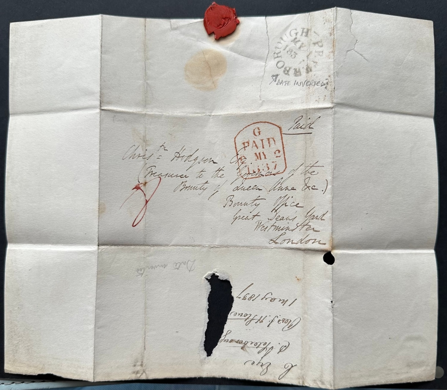 1838 GB pre stamps cover, Peterborough to London. Inverted date stamp