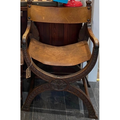 17 - Pair of antique Savonarola chairs with leather seat and back, BUYER TO COLLECT