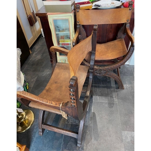 17 - Pair of antique Savonarola chairs with leather seat and back, BUYER TO COLLECT