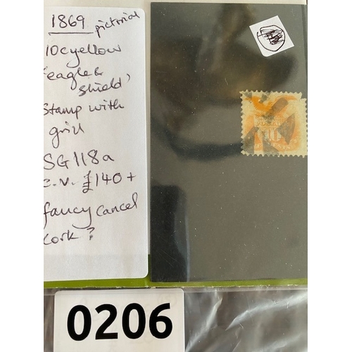207 - US 1869 10c yellow 'Eagle & Shield' grill stamp SG 118a and fancy cork cancel cat value £140, fancy ... 