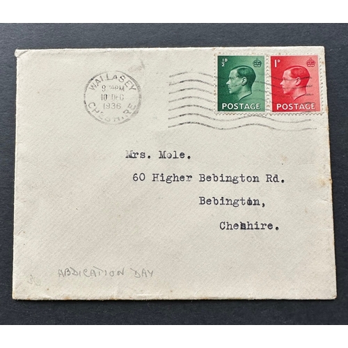 228 - GB KEVIII rare 10th December 1936 Abdication Day cover with used / cancelled stamps, Cheshire