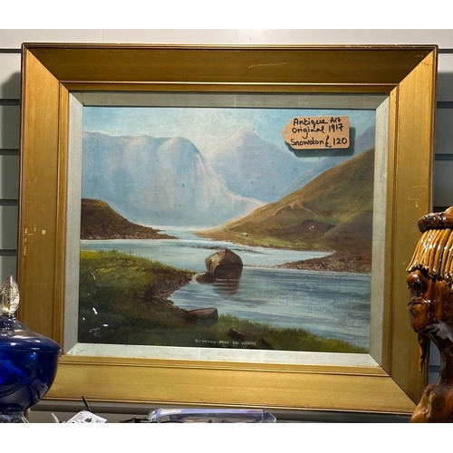 296 - Antique Painting Eryri in gold frame with glass, can post at buyers own risk
