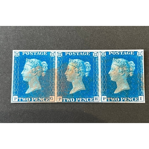 323 - UK GB QV 1840 two penny blue strip of 3 stamps, SG6, with red cancel FORGERY / REPLICA / COPY um a/f