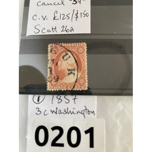 202 - US Washington 3c orange stamp 1859 good cancel, high cat value $ 150 Scott # 26A
