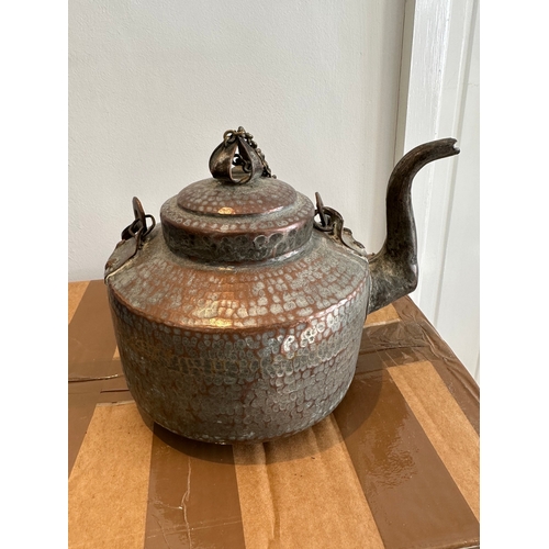 373 - Antique Indian copper tea kettle with hanging chain