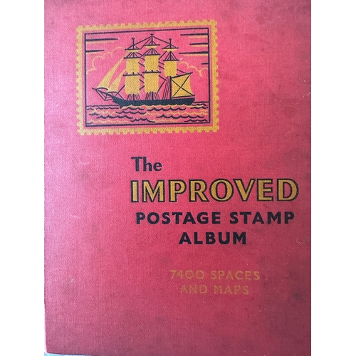 454 - IMPROVED vintage stamp album by Stanley Gibbons with colour world maps, GB (QV onwards), commonwealt... 